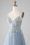 Gris bleu sirène bretelles spaghetti paillettes paillettes longue robe de soirée