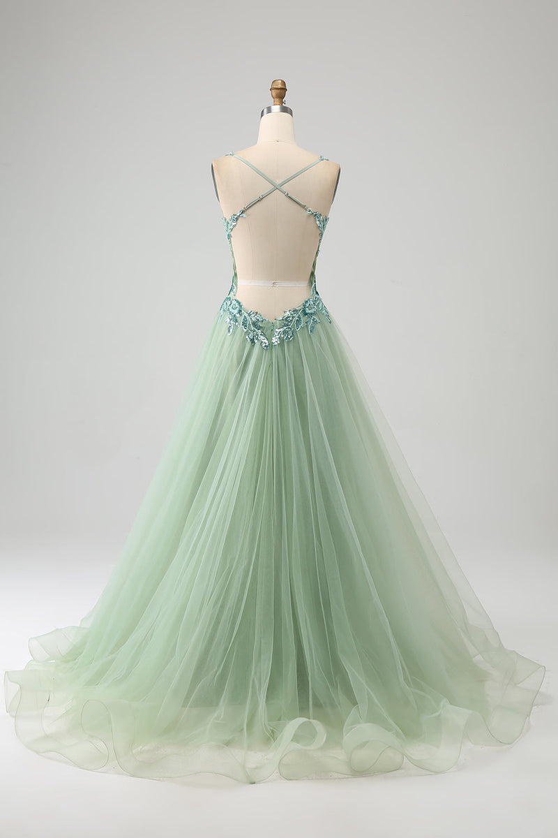 Charger l&#39;image dans la galerie, Magnifique une ligne V col vert clair longue robe de soirée avec des appliques