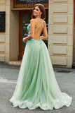 Robe de bal en tulle fendu à col en V A-ligne avec perles appliquées