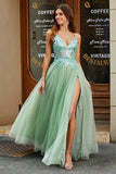 Robe de bal en tulle fendu à col en V A-ligne avec perles appliquées