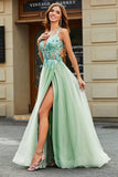 Robe de bal en tulle fendu à col en V A-ligne avec perles appliquées