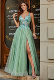 Robe de bal en tulle fendu à col en V A-ligne avec perles appliquées