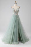 Robe de soirée vert clair perlée A-Line avec fente
