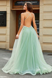 Robe de bal en Tulle perlé vert clair à col en V à col en V avec fente