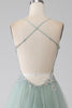 Charger l&#39;image dans la galerie, Robe de soirée vert clair perlée A-Line avec fente