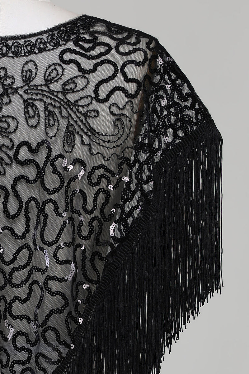 Charger l&#39;image dans la galerie, Paillettes noires Cape des années 20 avec franges