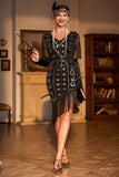 Robe à clapettes à franges noires à col en V doré