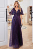 Charger l&#39;image dans la galerie, Robe de soirée violette à col V étincelante à manches courtes