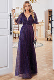 Robe de soirée violette à col V étincelante à manches courtes