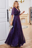 Robe de soirée violette à col V étincelante à manches courtes