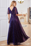 Robe de soirée violette à col V étincelante à manches courtes