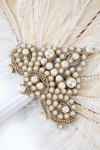 Perles d’ivoire Ventilateur des années 20 avec plumes