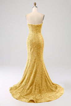 Sirène dorée chérie balayage train robe de bal avec paillettes