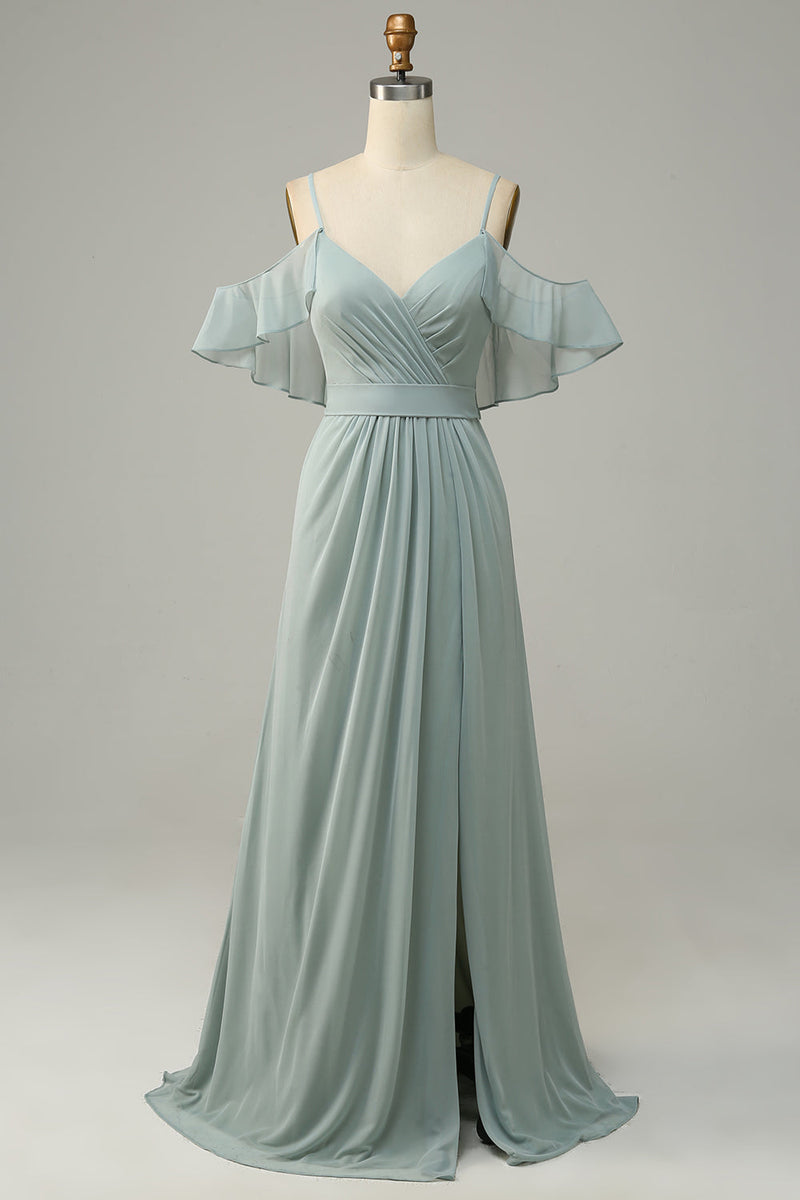 Charger l&#39;image dans la galerie, Dusty Sage Cold Shoulder A Line Long Bridesmaid Dress