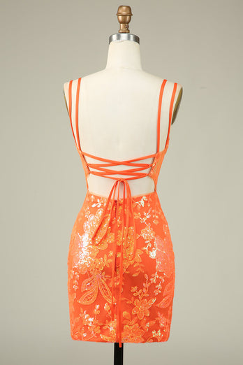 Magnifique Orange dentelle jusqu’à la robe de bal serrée Paillettes