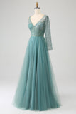 Gris vert A-ligne scintillant paillettes longue Corset robe de soirée
