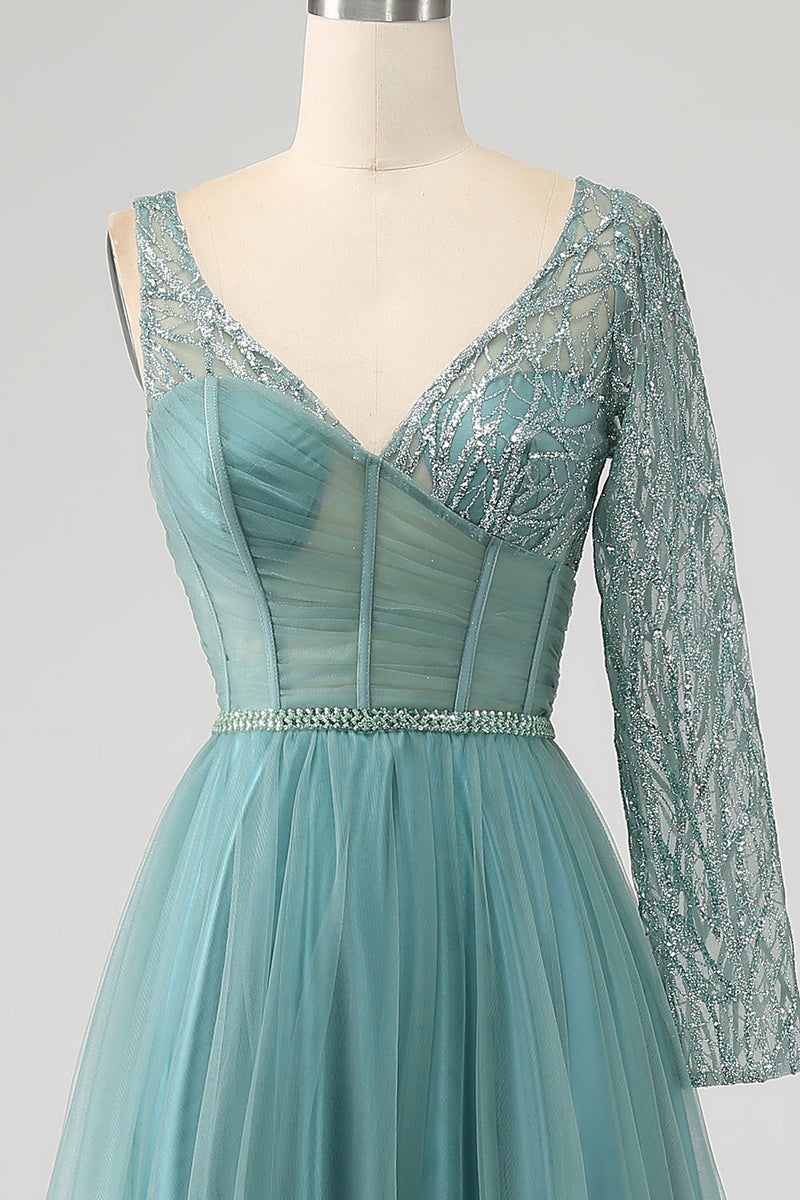 Charger l&#39;image dans la galerie, Gris vert A-ligne scintillant paillettes longue Corset robe de soirée