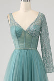 Gris vert A-ligne scintillant paillettes longue Corset robe de soirée