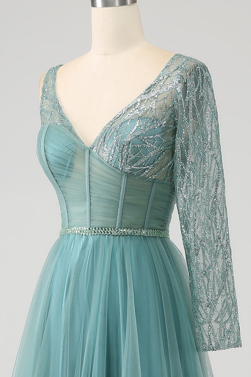 Charger l&#39;image dans la galerie, Gris vert A-ligne scintillant paillettes longue Corset robe de soirée