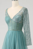 Gris vert A-ligne scintillant paillettes longue Corset robe de soirée