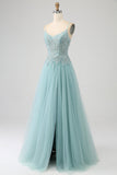 Robe de soirée Corset à paillettes Applique vert clair scintillant avec fente