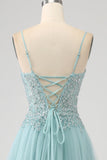 Robe de soirée Corset à paillettes Applique vert clair scintillant avec fente
