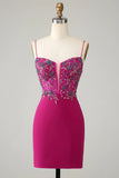 Stylish Bodycon Spaghetti Straps Fuchsia Robe courte cocktail avec perles