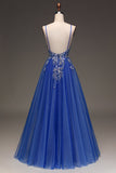 Robe de soirée bleu royal à paillettes trapèze avec appliques