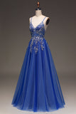 Robe de soirée bleu royal à paillettes trapèze avec appliques