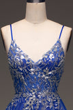 Robe de soirée bleu royal à paillettes trapèze avec appliques