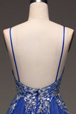 Robe de soirée bleu royal à paillettes trapèze avec appliques