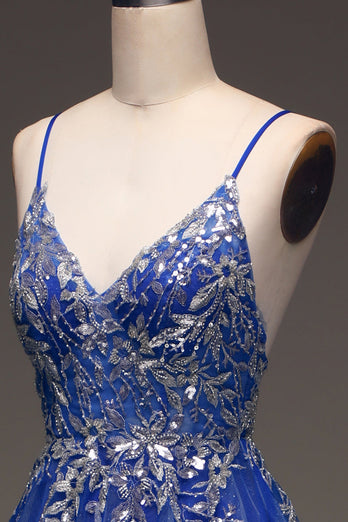Robe de soirée bleu royal à paillettes trapèze avec appliques