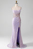 Charger l&#39;image dans la galerie, Robe de Soirée sirène à bretelles spaghetti scintillantes lilas avec fente