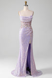 Robe de Soirée sirène à bretelles spaghetti scintillantes lilas avec fente