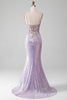Charger l&#39;image dans la galerie, Robe de Soirée sirène à bretelles spaghetti scintillantes lilas avec fente