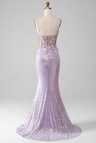 Robe de Soirée sirène à bretelles spaghetti scintillantes lilas avec fente