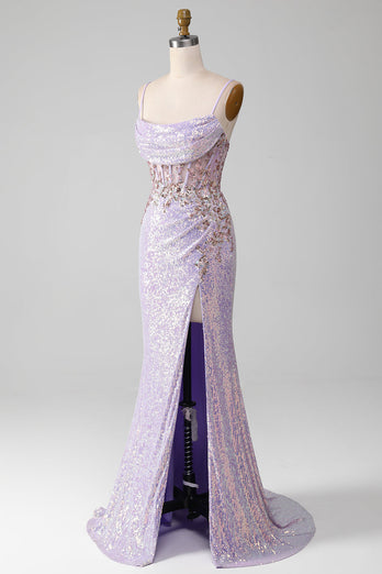 Robe de Soirée sirène à bretelles spaghetti scintillantes lilas avec fente
