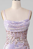 Robe de Soirée sirène à bretelles spaghetti scintillantes lilas avec fente