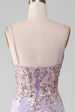 Robe de Soirée sirène à bretelles spaghetti scintillantes lilas avec fente