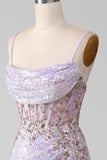 Robe de Soirée sirène à bretelles spaghetti scintillantes lilas avec fente