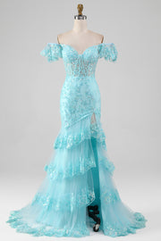 Robe de bal bleu ciel en dentelle à épaules dénudées et paillettes sirène avec fente
