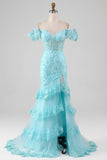 Robe de bal bleu ciel en dentelle à épaules dénudées et paillettes sirène avec fente