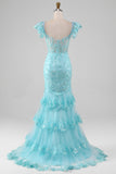 Robe de bal bleu ciel en dentelle à épaules dénudées et paillettes sirène avec fente