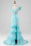 Robe de bal bleu ciel en dentelle à épaules dénudées et paillettes sirène avec fente