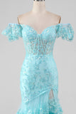 Robe de bal bleu ciel en dentelle à épaules dénudées et paillettes sirène avec fente