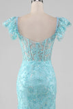 Robe de bal bleu ciel en dentelle à épaules dénudées et paillettes sirène avec fente
