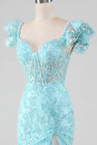 Robe de bal bleu ciel en dentelle à épaules dénudées et paillettes sirène avec fente