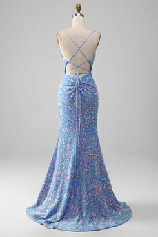Paillettes scintillantes sirène robe de bal bleu clair avec fente