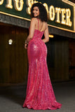 Superbe sirène bretelles spaghetti fuchsia paillettes corset robe de soirée