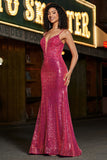 Superbe sirène bretelles spaghetti fuchsia paillettes corset robe de soirée